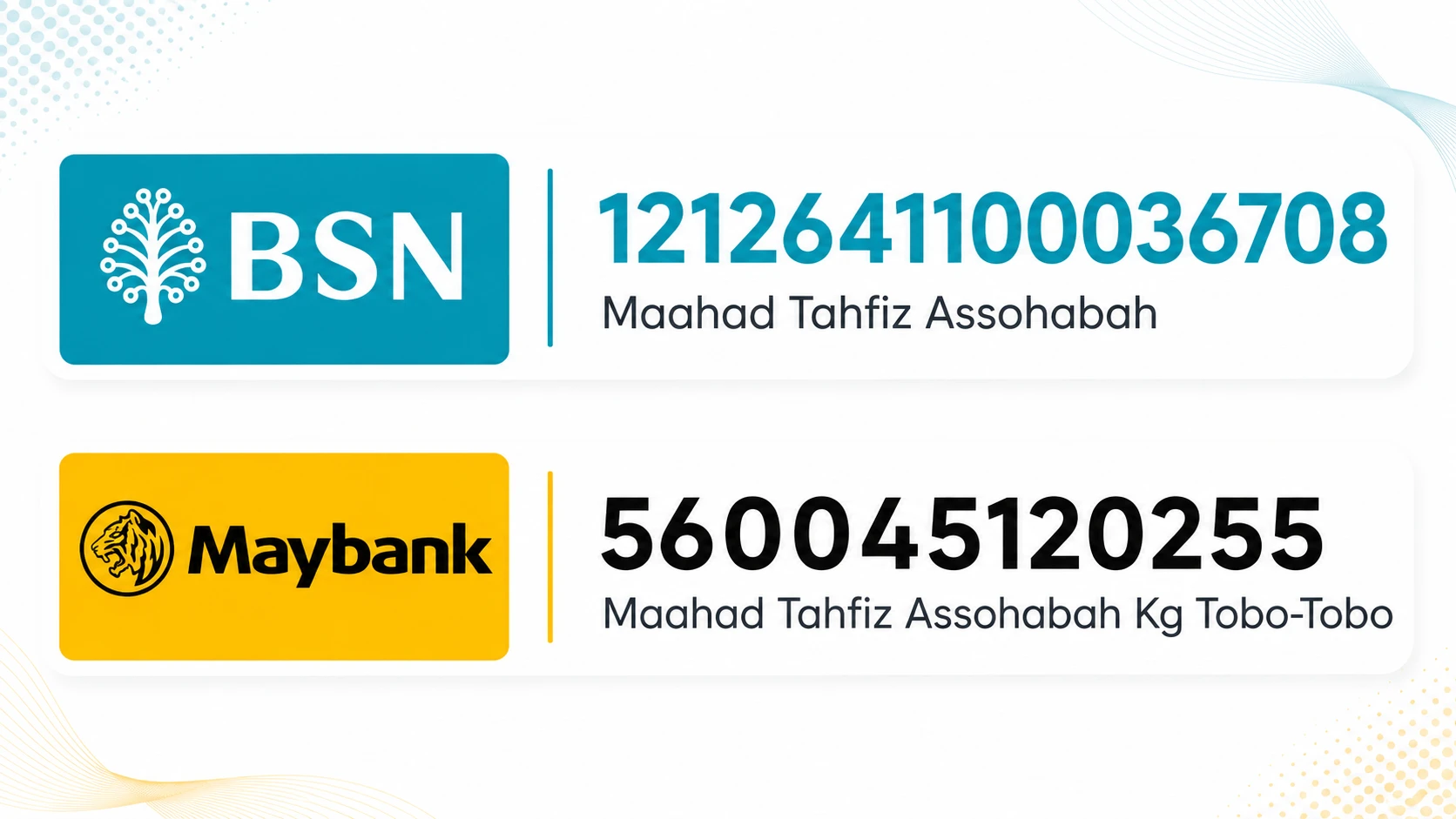 Maklumat akaun bank Maahad Tahfiz Assohabah untuk infaq
